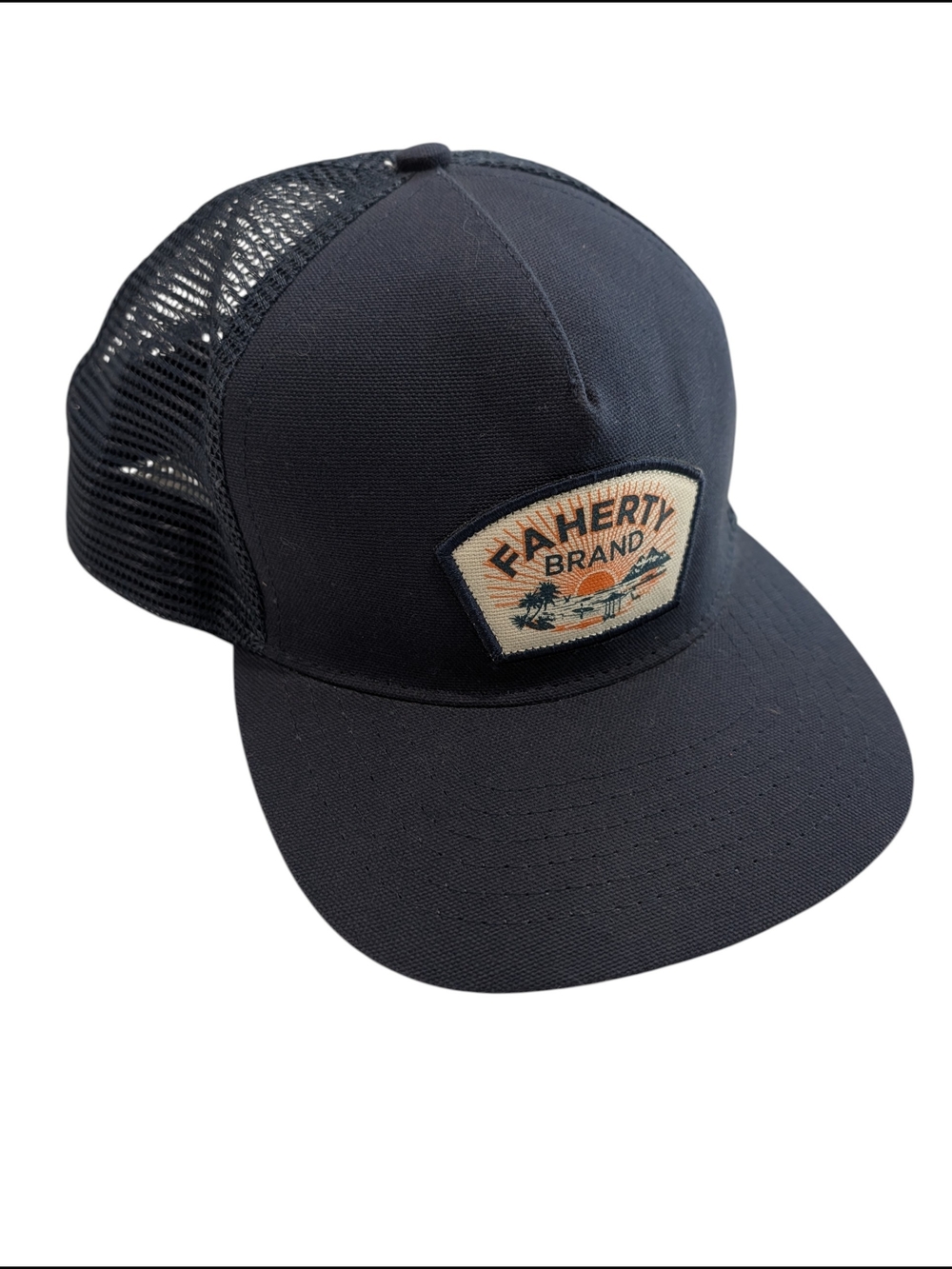Faherty Brand Trucker Hat Navy Blue Mesh Snapback Patch Logo Cap OS Gorpcore